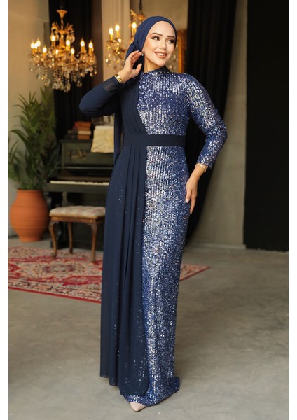 Tesettürlü Abiye Elbise - Pul Payetli Lacivert Tesettür Abiye Elbise 25851L
