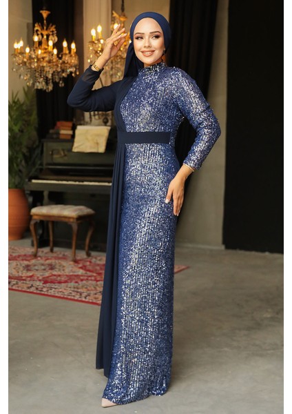Tesettürlü Abiye Elbise - Pul Payetli Lacivert Tesettür Abiye Elbise 25851L fiyatları