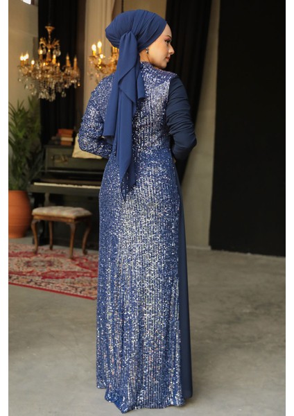 Tesettürlü Abiye Elbise - Pul Payetli Lacivert Tesettür Abiye Elbise 25851L modelleri