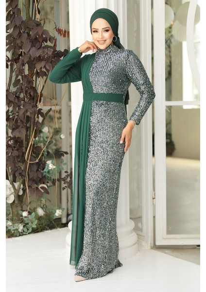 Tesettürlü Abiye Elbise - Pul Payetli Zümrüt Yeşili Tesettür Abiye Elbise 25851ZY fiyatları