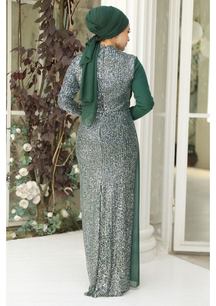Tesettürlü Abiye Elbise - Pul Payetli Zümrüt Yeşili Tesettür Abiye Elbise 25851ZY modelleri