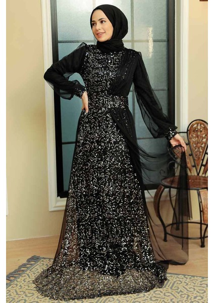 Tesettürlü Abiye Elbise - Pul Payet Işlemeli Gümüş Tesettür Abiye Elbise 5696GMS