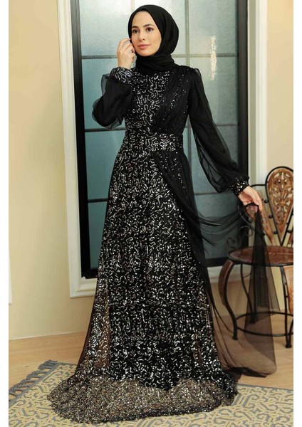 Tesettürlü Abiye Elbise - Pul Payet Işlemeli Gümüş Tesettür Abiye Elbise 5696GMS fiyatları