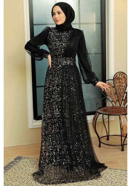 Tesettürlü Abiye Elbise - Pul Payet Işlemeli Gümüş Tesettür Abiye Elbise 5696GMS fırsatları