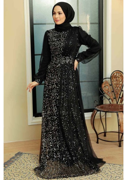 Tesettürlü Abiye Elbise - Pul Payet Işlemeli Gümüş Tesettür Abiye Elbise 5696GMS indirimleri