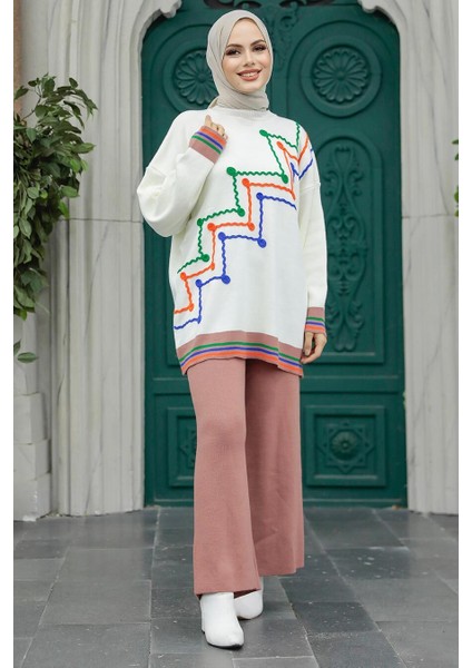 Desenli Gül Kurusu Tesettür Triko Ikili Takım 6398GK