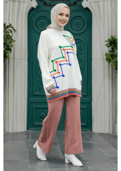 Desenli Gül Kurusu Tesettür Triko Ikili Takım 6398GK modelleri
