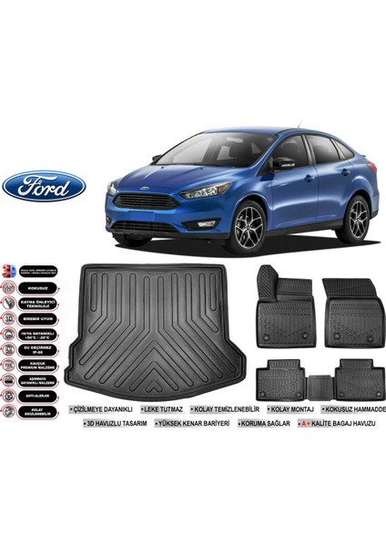 Ford Focus 3,5 Sedan 2018 Model Bagaj Havuzu Araca Özel Siyah Extra Havuzlu Paspas Takımı