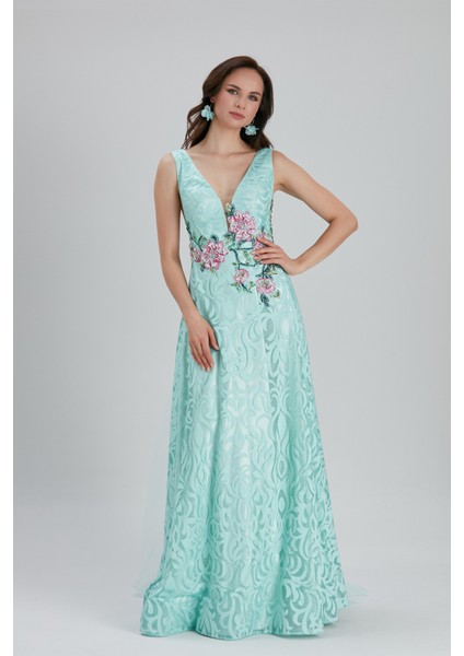 Abiye Elbise Çiçek Detaylı Mint Abiye Elbise 7626MINT