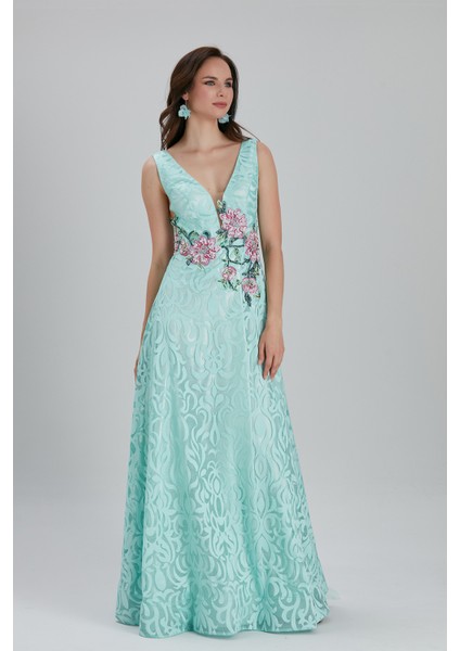 Abiye Elbise Çiçek Detaylı Mint Abiye Elbise 7626MINT fiyatları