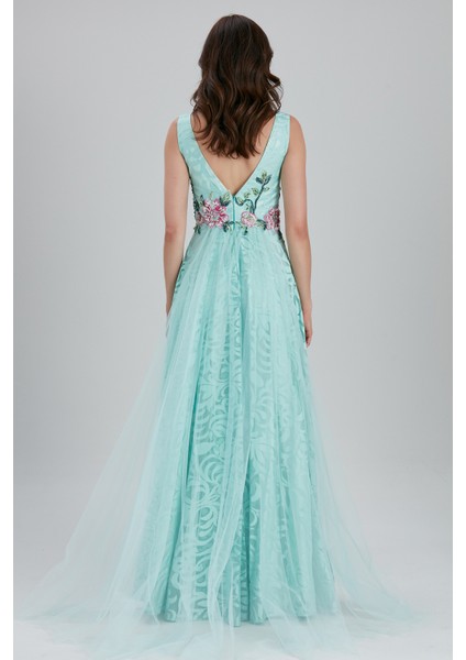 Abiye Elbise Çiçek Detaylı Mint Abiye Elbise 7626MINT fırsatları