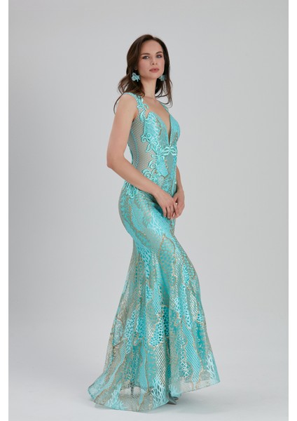 Abiye Elbise Dantel Detaylı Mint Abiye Elbise 7555MINT