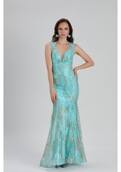 Abiye Elbise Dantel Detaylı Mint Abiye Elbise 7555MINT fiyatları