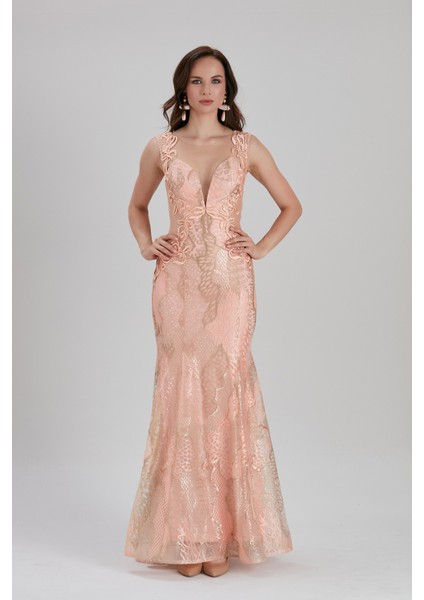 Abiye Elbise Dantel Detaylı Somon Abiye Elbise 7555SMN