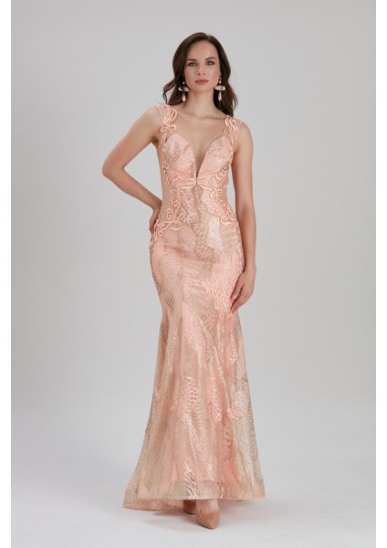 Abiye Elbise Dantel Detaylı Somon Abiye Elbise 7555SMN fiyatları