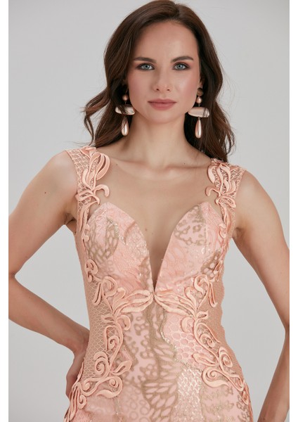 Abiye Elbise Dantel Detaylı Somon Abiye Elbise 7555SMN fırsatları