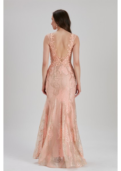 Abiye Elbise Dantel Detaylı Somon Abiye Elbise 7555SMN indirimleri