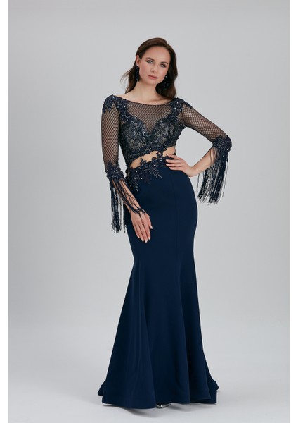 Abiye Elbise Boncuk Işlemeli Lacivert Abiye Elbise 75501L