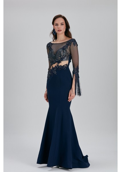 Abiye Elbise Boncuk Işlemeli Lacivert Abiye Elbise 75501L fiyatları