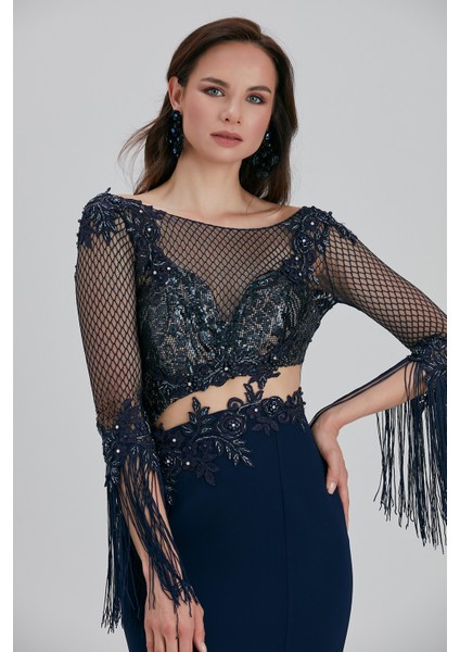 Abiye Elbise Boncuk Işlemeli Lacivert Abiye Elbise 75501L fırsatları