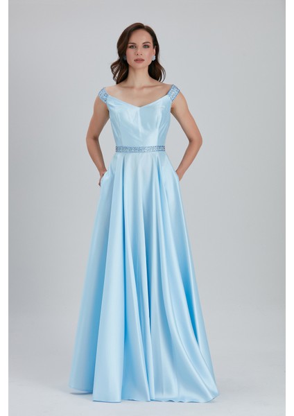 Abiye Elbise Boncuk Detaylı Bebek Mavisi Saten Bulava Abiye Elbise 44260BM