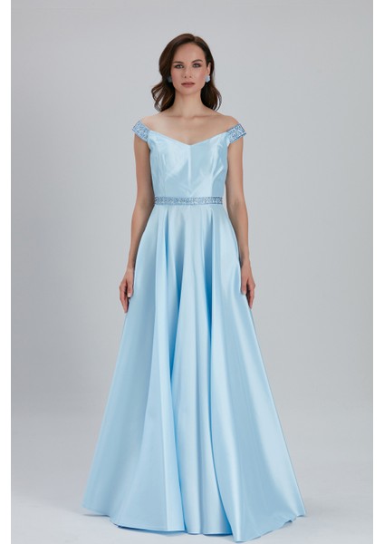 Abiye Elbise Boncuk Detaylı Bebek Mavisi Saten Bulava Abiye Elbise 44260BM modelleri