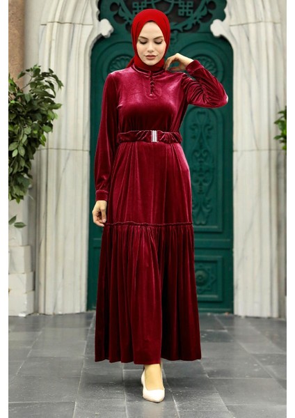 - Kemerli Bordo Tesettür Kadife Elbise 36971BR