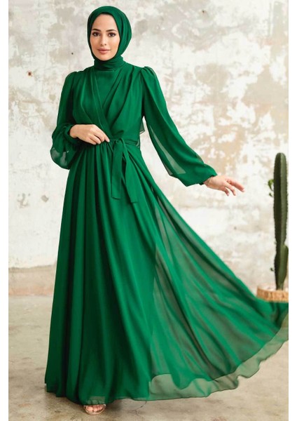 - Balon Kol Yeşil Tesettür Elbise 5796Y