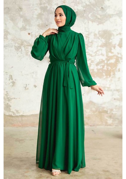 - Balon Kol Yeşil Tesettür Elbise 5796Y modelleri