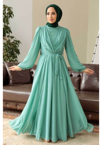 - Balon Kol Mint Tesettür Elbise 5796MINT