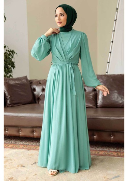 - Balon Kol Mint Tesettür Elbise 5796MINT fiyatları