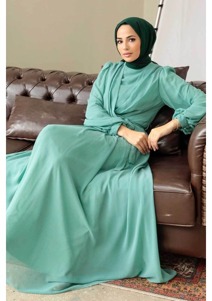 - Balon Kol Mint Tesettür Elbise 5796MINT modelleri