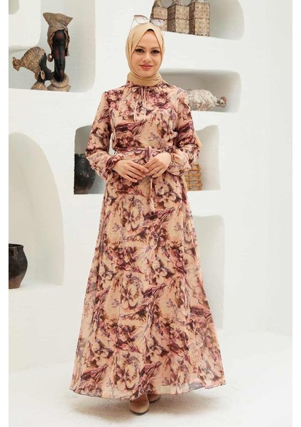 - Çiçek Desenli Bej Tesettür Elbise 279057BEJ