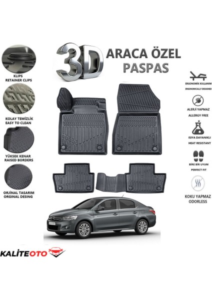 Citroen C-Ellyese 2024 Model Tam Uyumlu Kokusuz 3D Havuzlu Paspas
