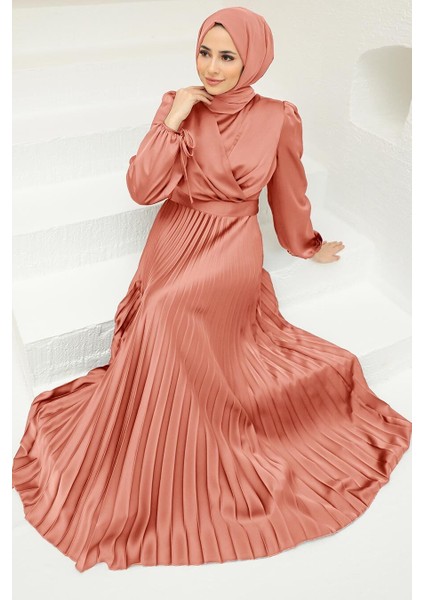Saten Somon Tesettür Abiye Elbise 3452SMN