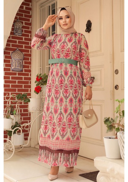 - Etnik Desenli Pembe Tesettür Elbise 3536P
