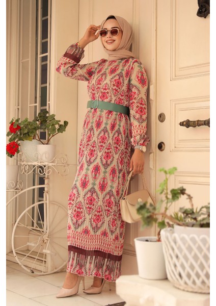 - Etnik Desenli Pembe Tesettür Elbise 3536P fiyatları