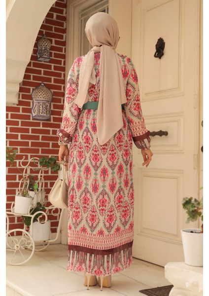 - Etnik Desenli Pembe Tesettür Elbise 3536P modelleri