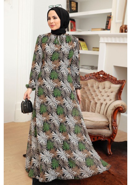 Çiçek Desenli Yeşil Tesettür Elbise 279076Y