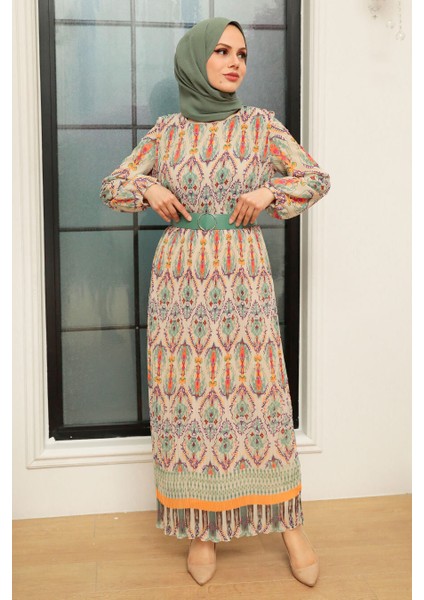 - Etnik Desenli Mint Tesettür Elbise 3536MINT