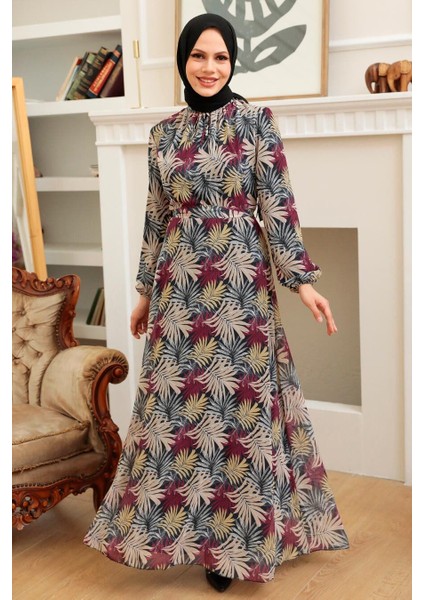 - Çiçek Desenli Bordo Tesettür Elbise 279076BR