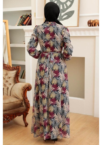 - Çiçek Desenli Bordo Tesettür Elbise 279076BR fiyatları