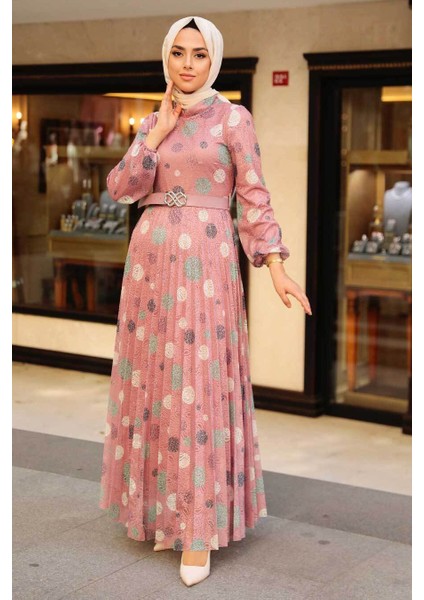 - Puantiye Desenli Gül Kurusu Tesettür Elbise 11871GK