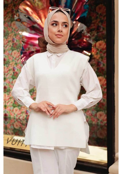 - Ekru Tesettür Triko Süveter 23881E