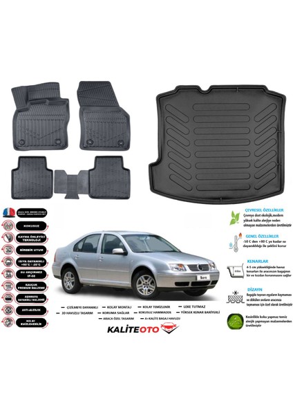 Volkswagen Bora 2000 Model Esnek Bagaj Havuzu Araca Özel Siyah Paspas Takımı