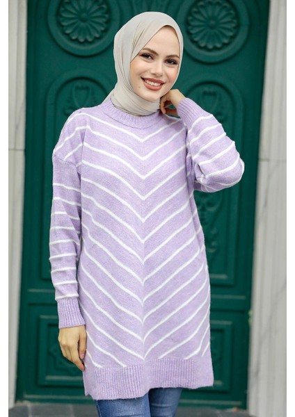 Çizgili Lila Tesettür Triko Kazak 81861LILA