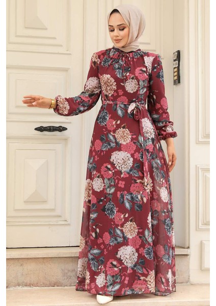 - Çiçek Desenli Bordo Tesettür Elbise 279083BR
