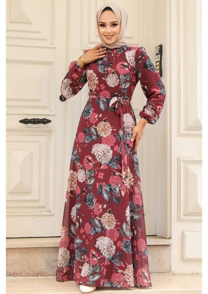 - Çiçek Desenli Bordo Tesettür Elbise 279083BR fiyatları