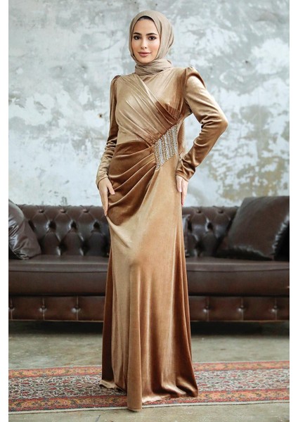 - Drape Detaylı Bisküvi Tesettür Kadife Elbise 36891BS