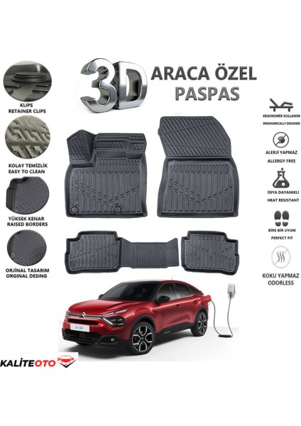 Citroen C4 Elektrikli 2024 Model Tam Uyumlu Kokusuz 3D Havuzlu Paspas